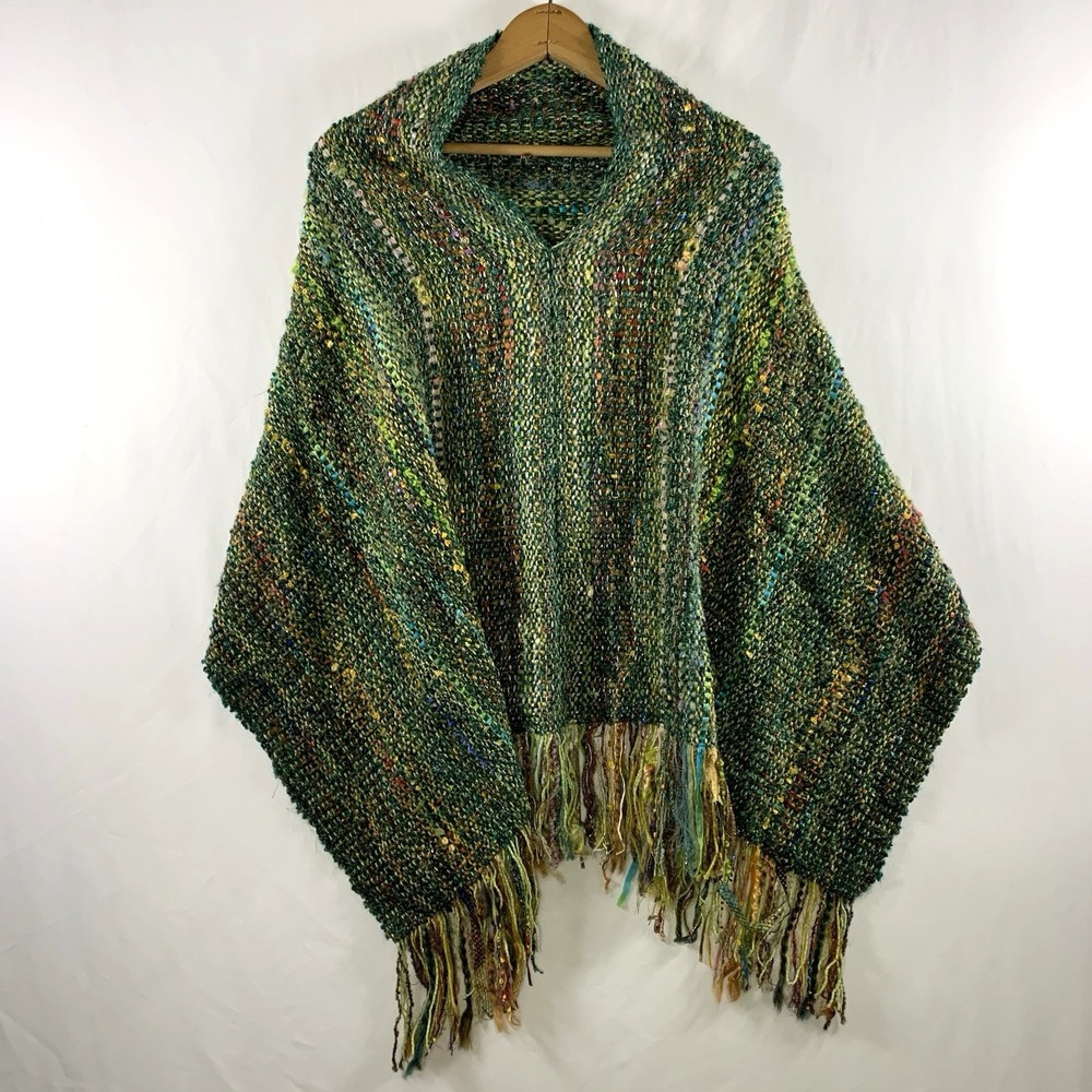 Women Handwoven Boho Artsy Wool Blend Fringe Poncho Sweater OS Statement Artisan
